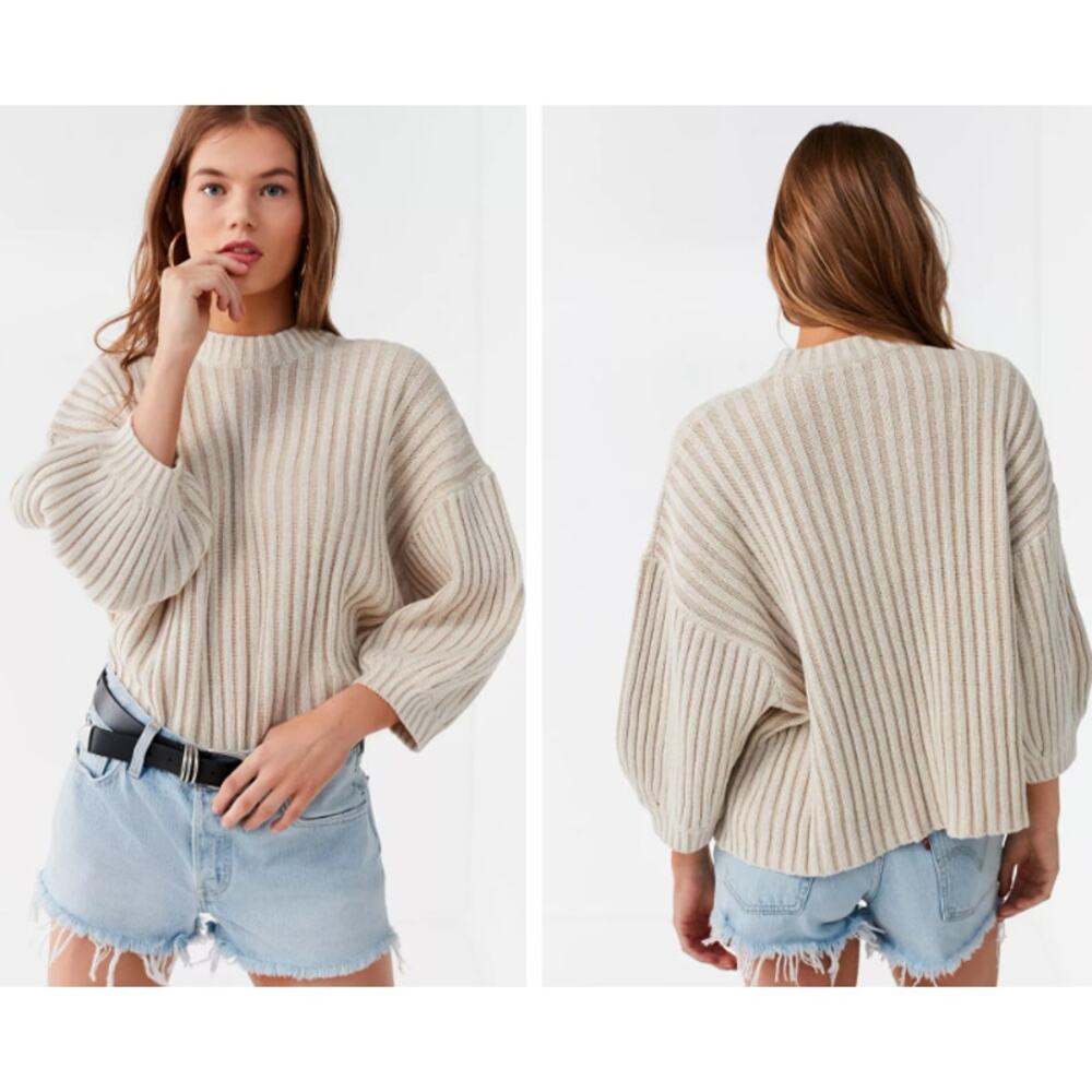 Urban Outfitters Women's Cream Ribbed Lou Mock-Neck Balloon Sleeves Sweater‎ XS